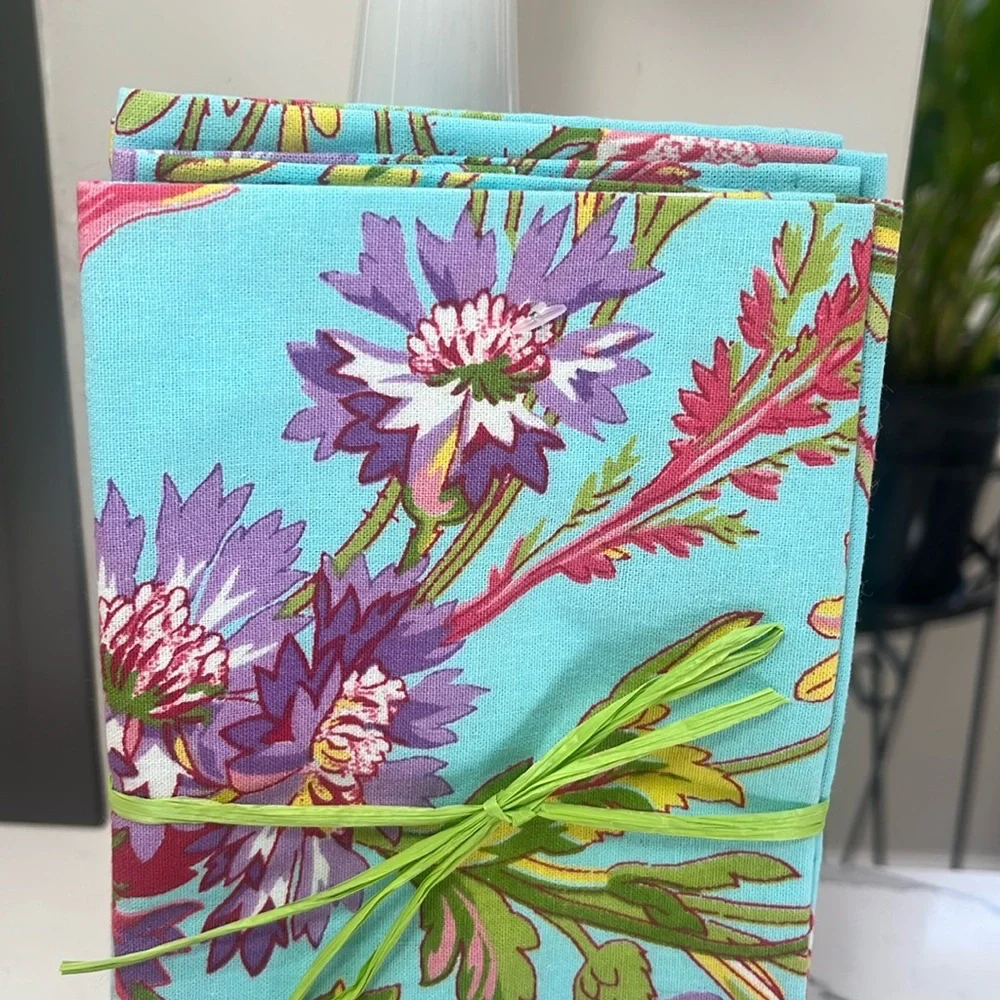April Cornell WILDFLOWERS Napkins Aqua / Pink Set of 4 100% Cotton NWT